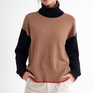 Tahari Colorblock Cowlneck Sweater in Camel, Black and Red Trim size M